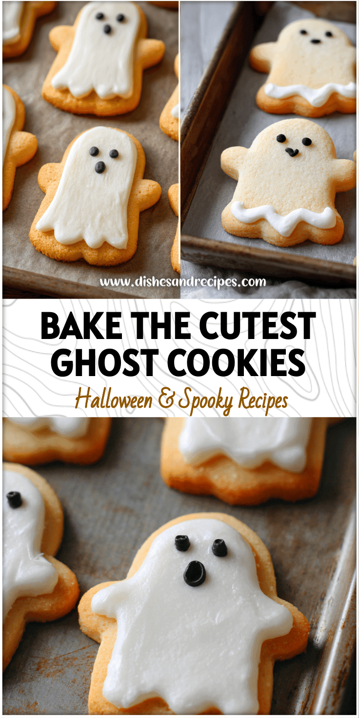 Cute ghost-shaped sugar cookies decorated with white icing on a Halloween baking tray.